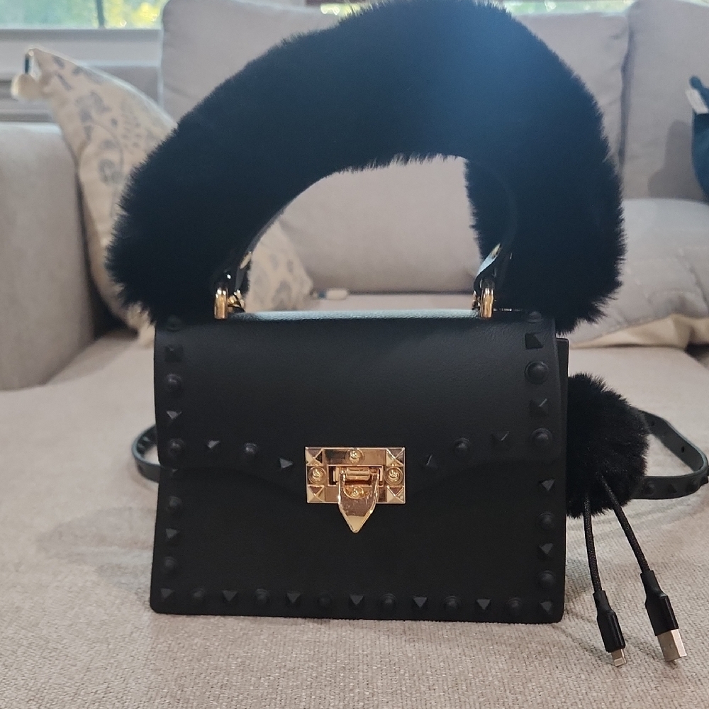 Elegant Black Studded Handbag with Chargers